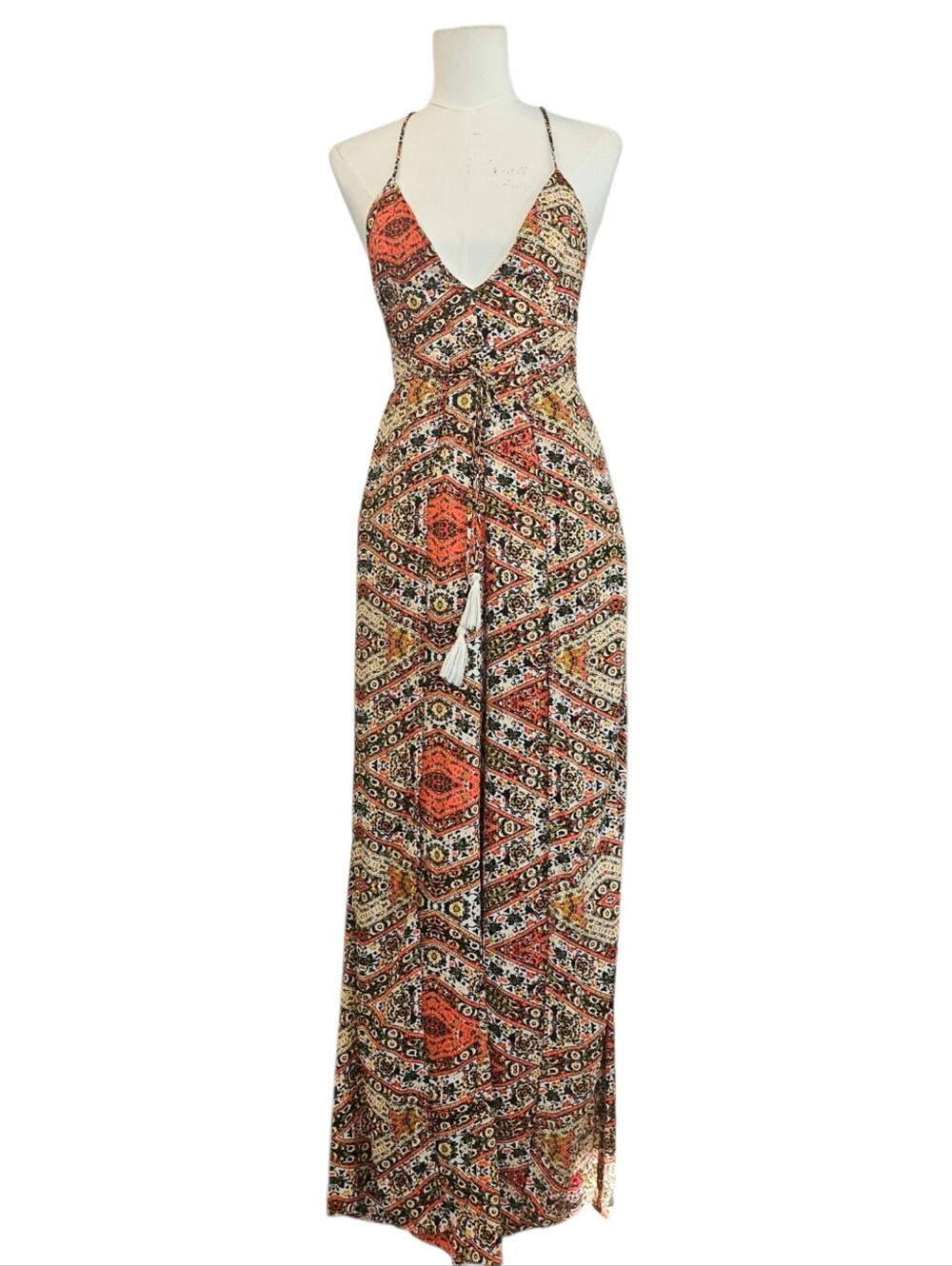Olivaceous Printed Halter Jumpsuit in Geometric Print S